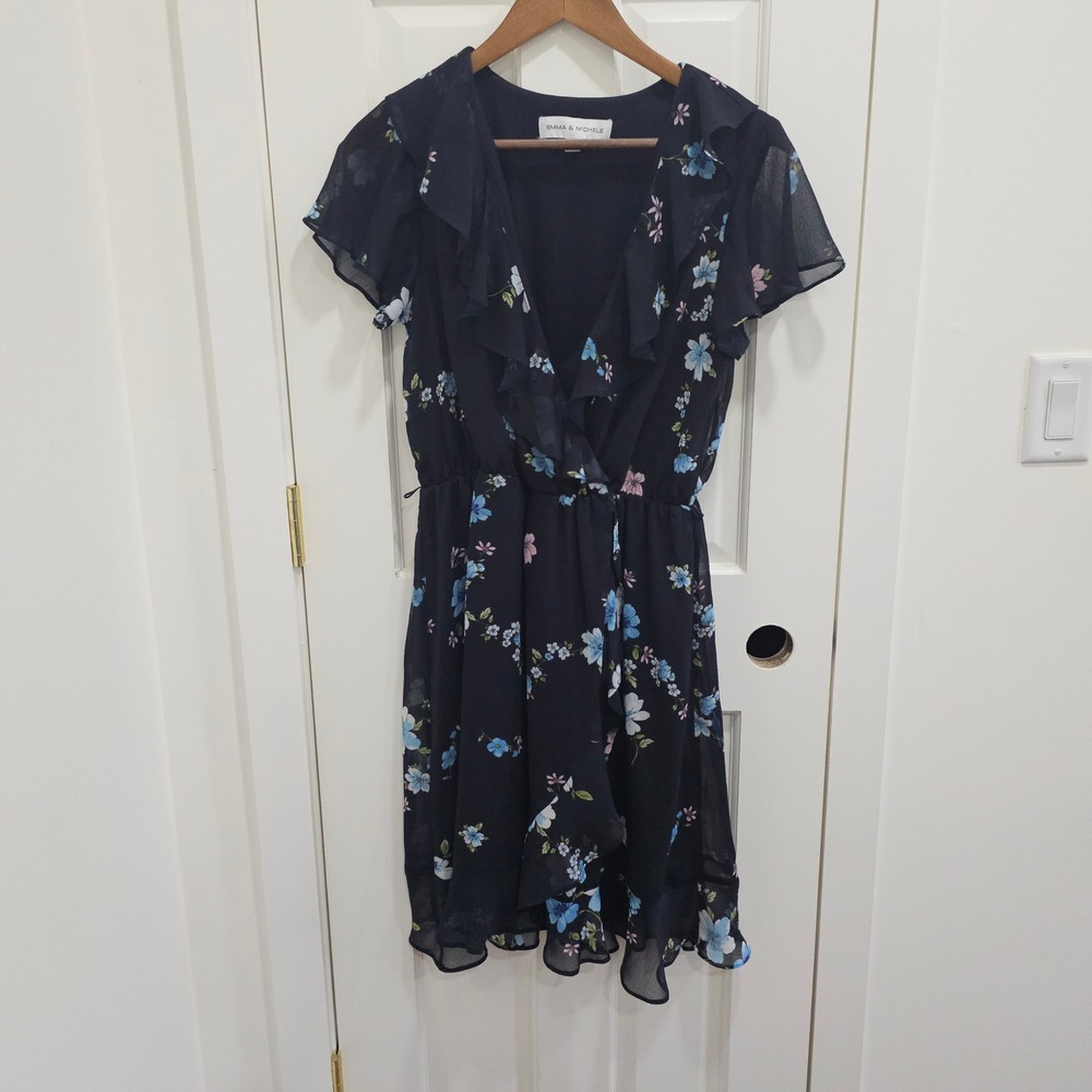 Emma & Michele Navy Blue Floral Ruffle Wrap Dress Short Sleeve Medium 100581M